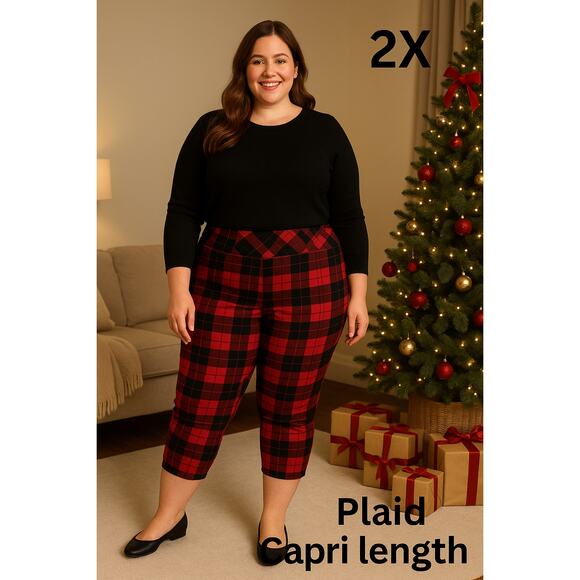 Torrid 2X Capri Pants Red Buffalo Plaid Pull-On Stretch Tartan Holiday Festive - Picture 2 of 8